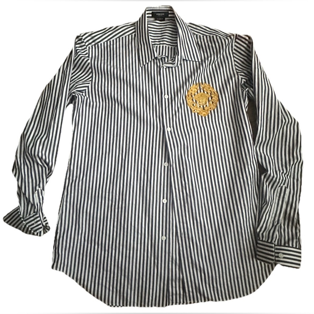 Versace Black and White Striped Shirt with Gold Emblem